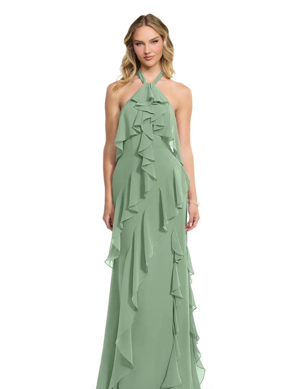 Azazie Velma Halter Ruffle Chiffon Maxi Dress Matcha